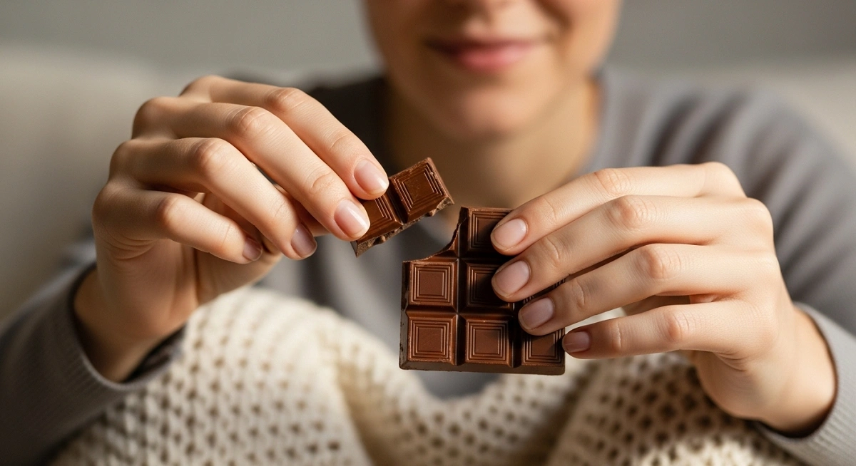 Personne mangeant un carré de chocolat avec pleine conscience et sérénité